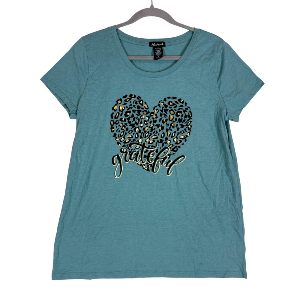 Delusional Shirt Womens Large Blue Leopard Heart Grateful Graphic Casual Tee